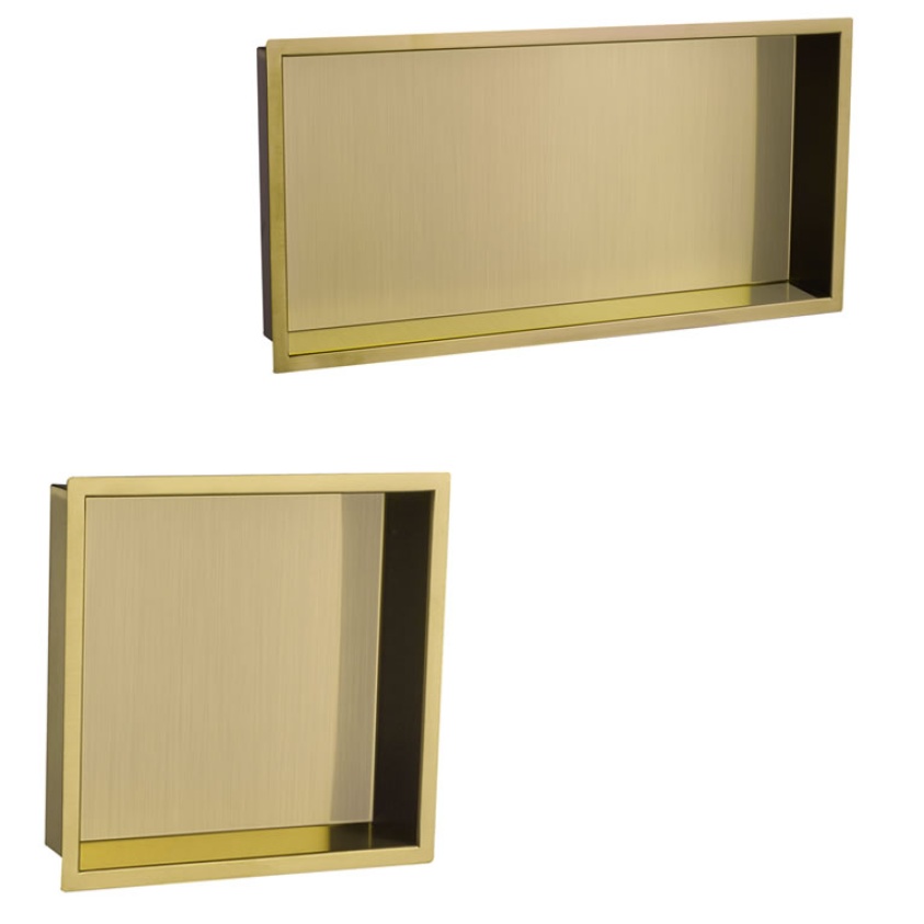 Product Cut out image of the JTP Vos Brushed Brass 300mm Shower Niche and Vos Brushed Brass 600mm Shower Niche